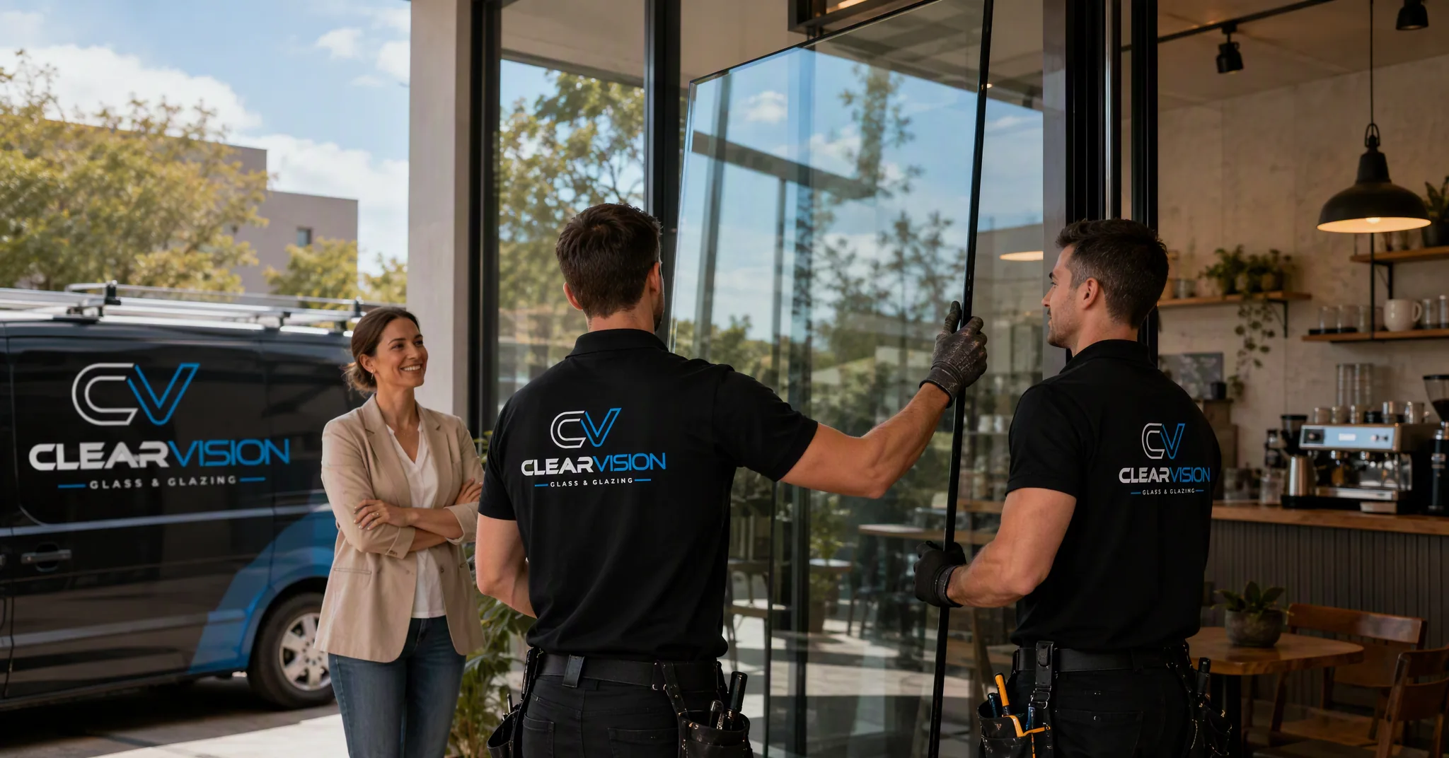 Clear Vision glaziers fitting a full-height glass panel at a café shopfront, with the branded van parked at the kerb